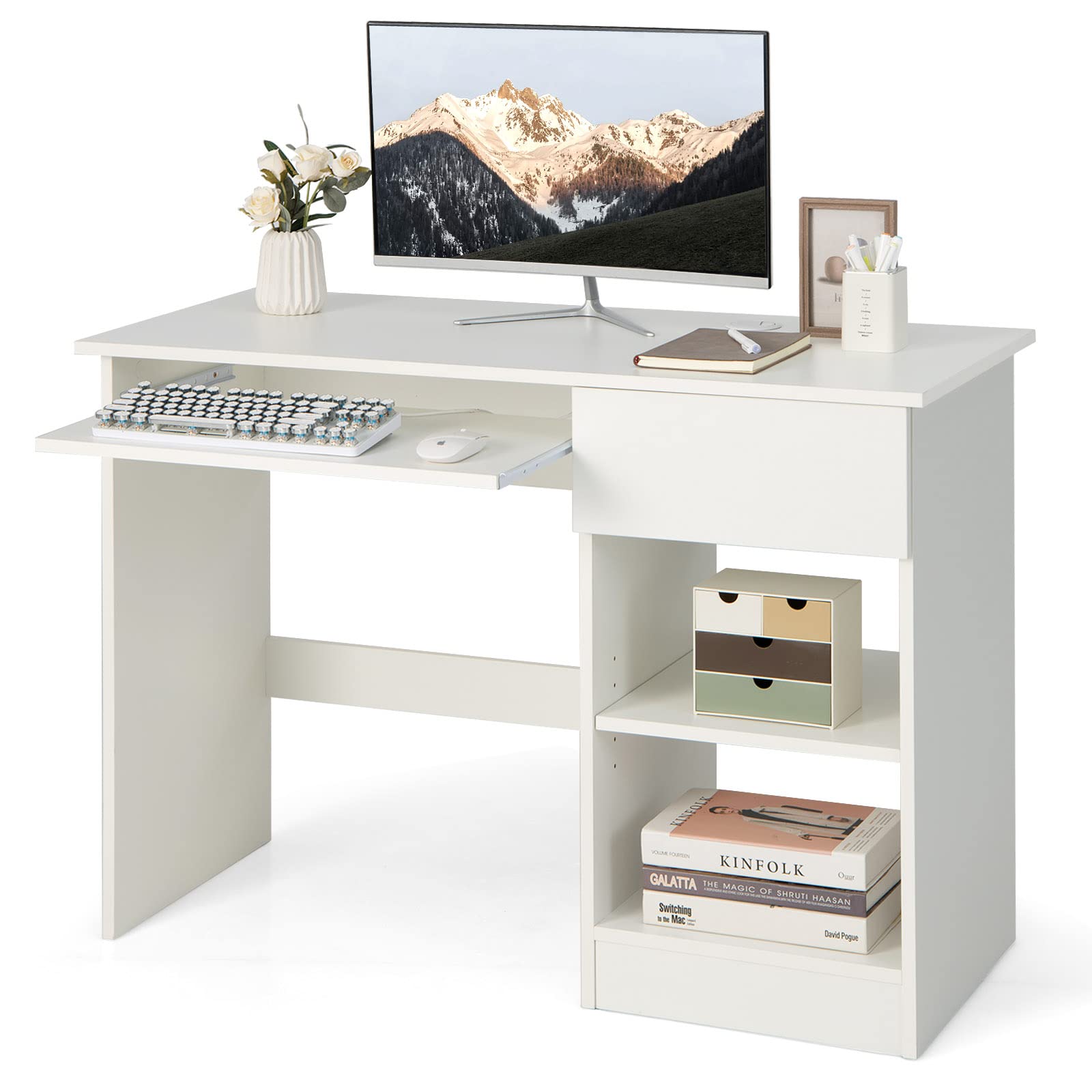 Tangkula Bureau avec tiroir, bureau d'ordinateur en bois avec tablette coulissante pour clavier et étagères de rangement réglables